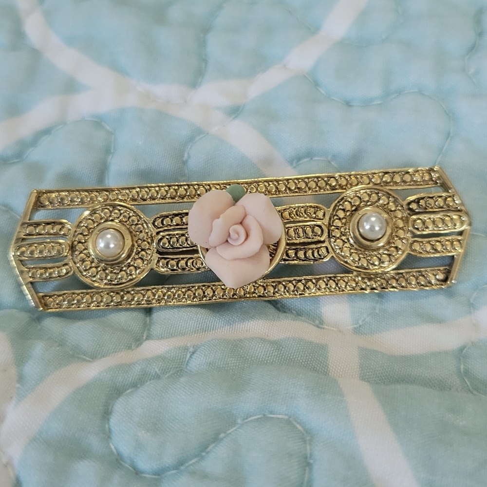 Gold Brooch with Pink Rose and Pearls